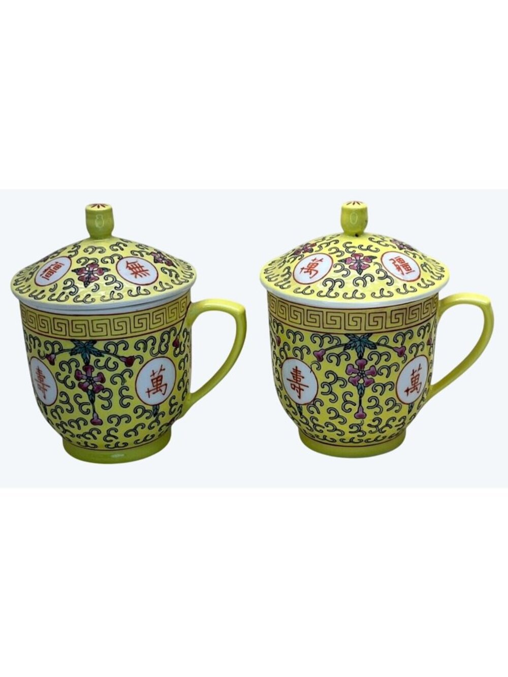 2 Qing Dynasty Chinese Yellow Enamel Porcelain Famille Rose Lidded Mugs